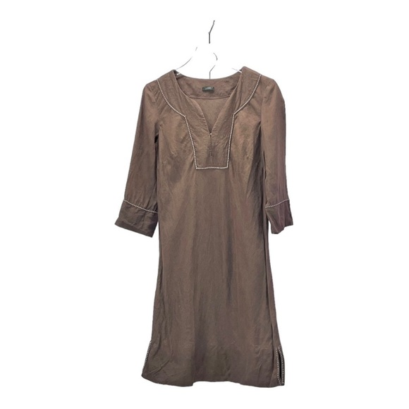 J.Crew V Neck Pull over Tunic Dress Chocolate Brown M boho contrast top stitch - Picture 3 of 10